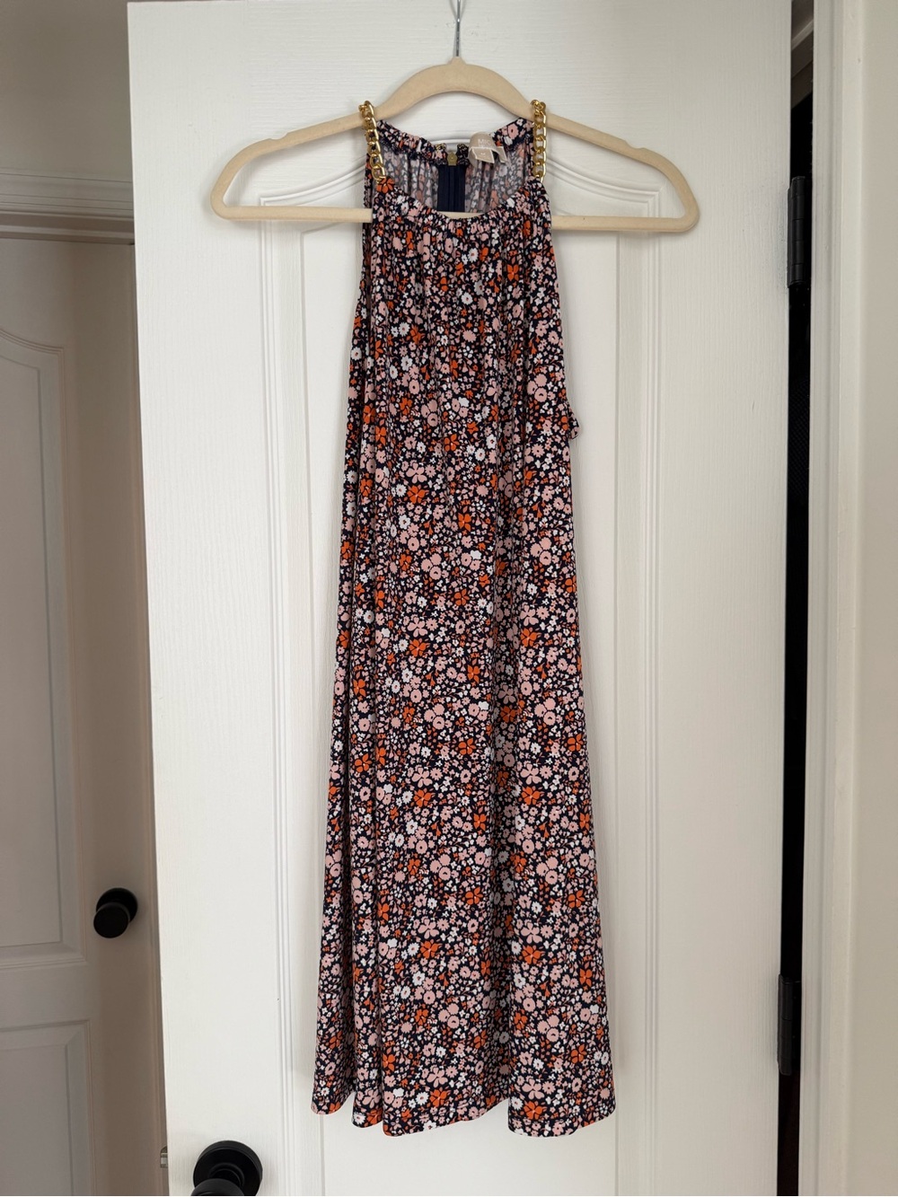 Michael Kors Black Floral Midi Dress with Pink & Orange Accents